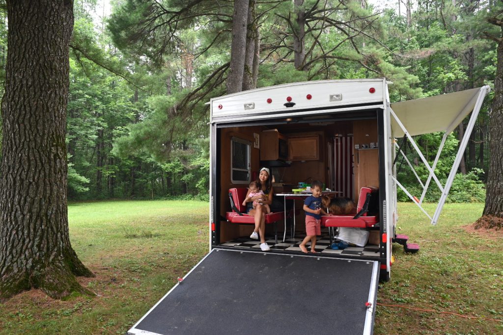 Toy Hauler Garage Open with Anderson Family